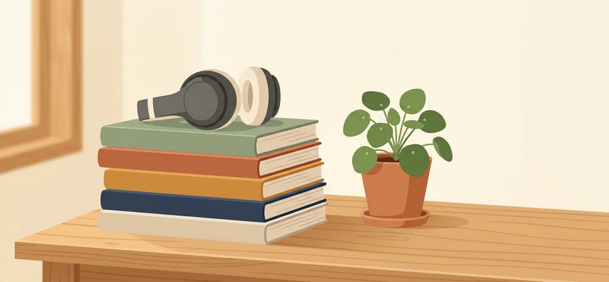 Беспроводные наушники на стопке книг с маленьким растением на деревянной поверхности