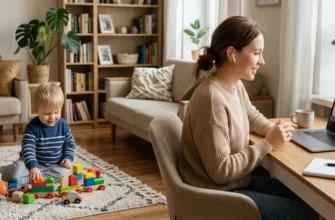 Молодая женщина 30-35 лет сидит за современным ноутбуком дома, ведет видеозвонок с уверенной легкой улыбкой, рядом на ковре играется маленький ребенок 2-3 лет с игрушками, баланс материнства и удаленной работы, уютный светлый интерьер